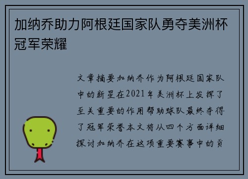 加纳乔助力阿根廷国家队勇夺美洲杯冠军荣耀