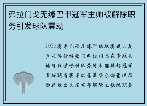 弗拉门戈无缘巴甲冠军主帅被解除职务引发球队震动 弗拉门戈无缘巴甲冠军主帅被解除职务引发球队震动