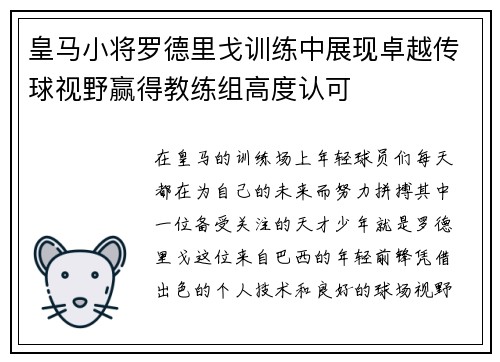 皇马小将罗德里戈训练中展现卓越传球视野赢得教练组高度认可 皇马小将罗德里戈训练中展现卓越传球视野赢得教练组高度认可