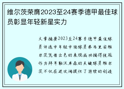 维尔茨荣膺2023至24赛季德甲最佳球员彰显年轻新星实力
