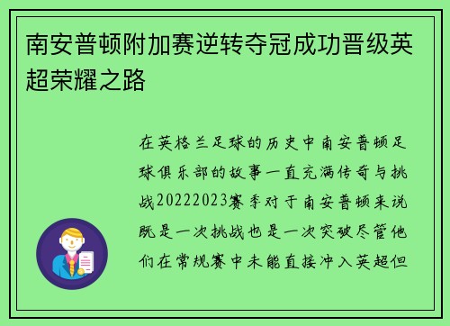南安普顿附加赛逆转夺冠成功晋级英超荣耀之路